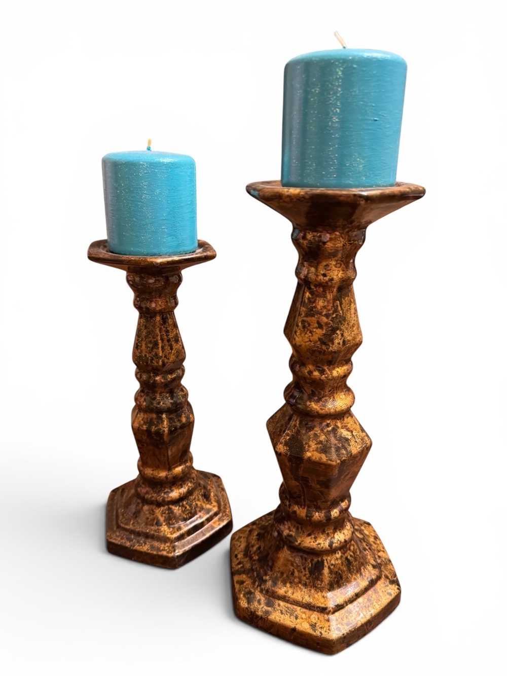 Rustic Gold Candle Holder with Turquoise Blue Candle - Unbranded